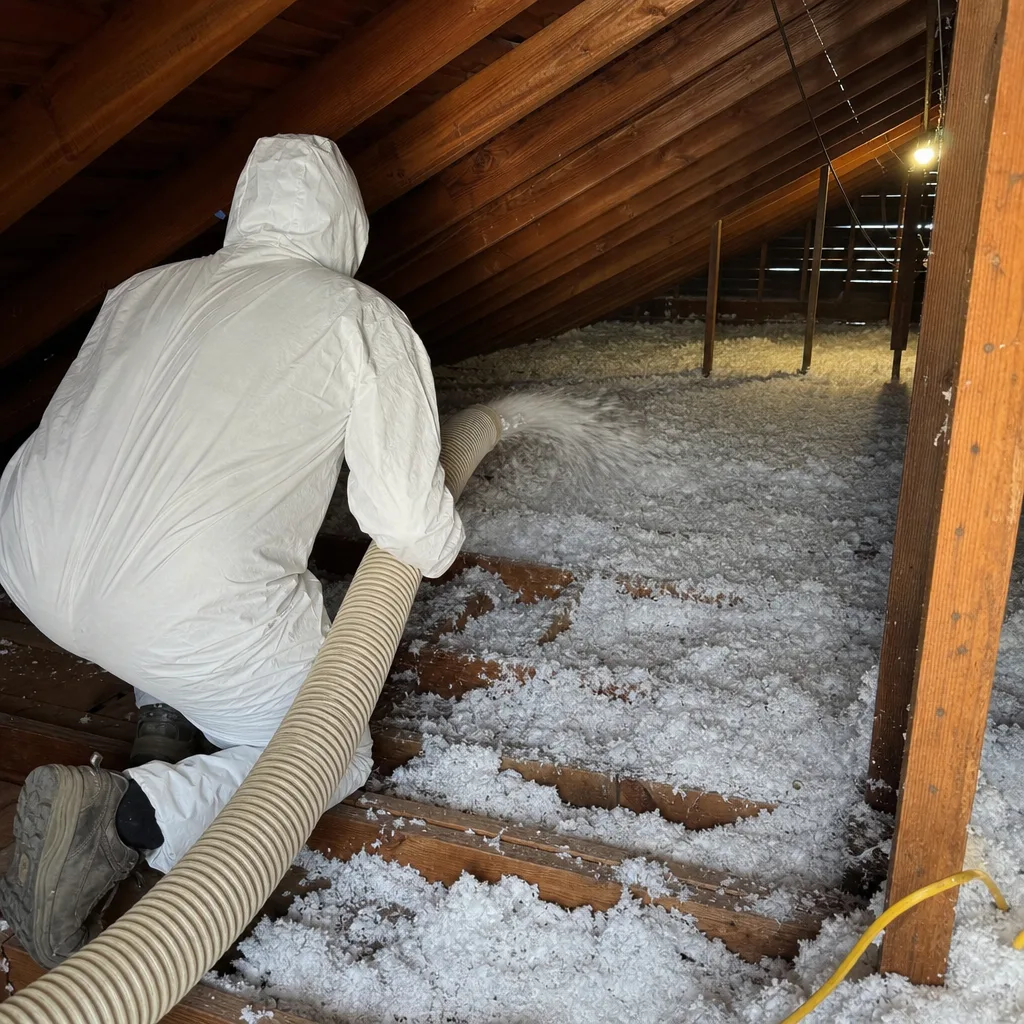 Professional contractor installing and cutting pink fiberglass insulation in an attic.