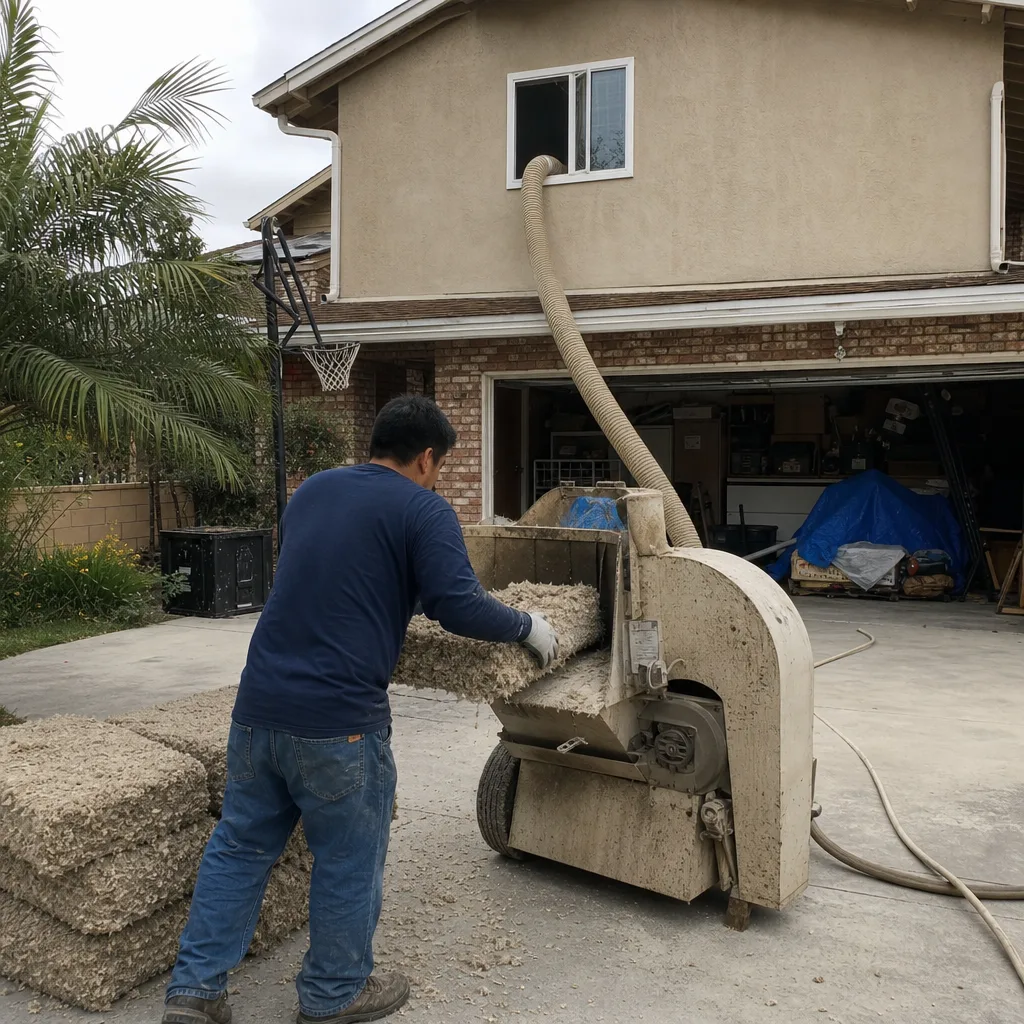 Worker installing professional blown-in cellulose insulation into home wall cavities