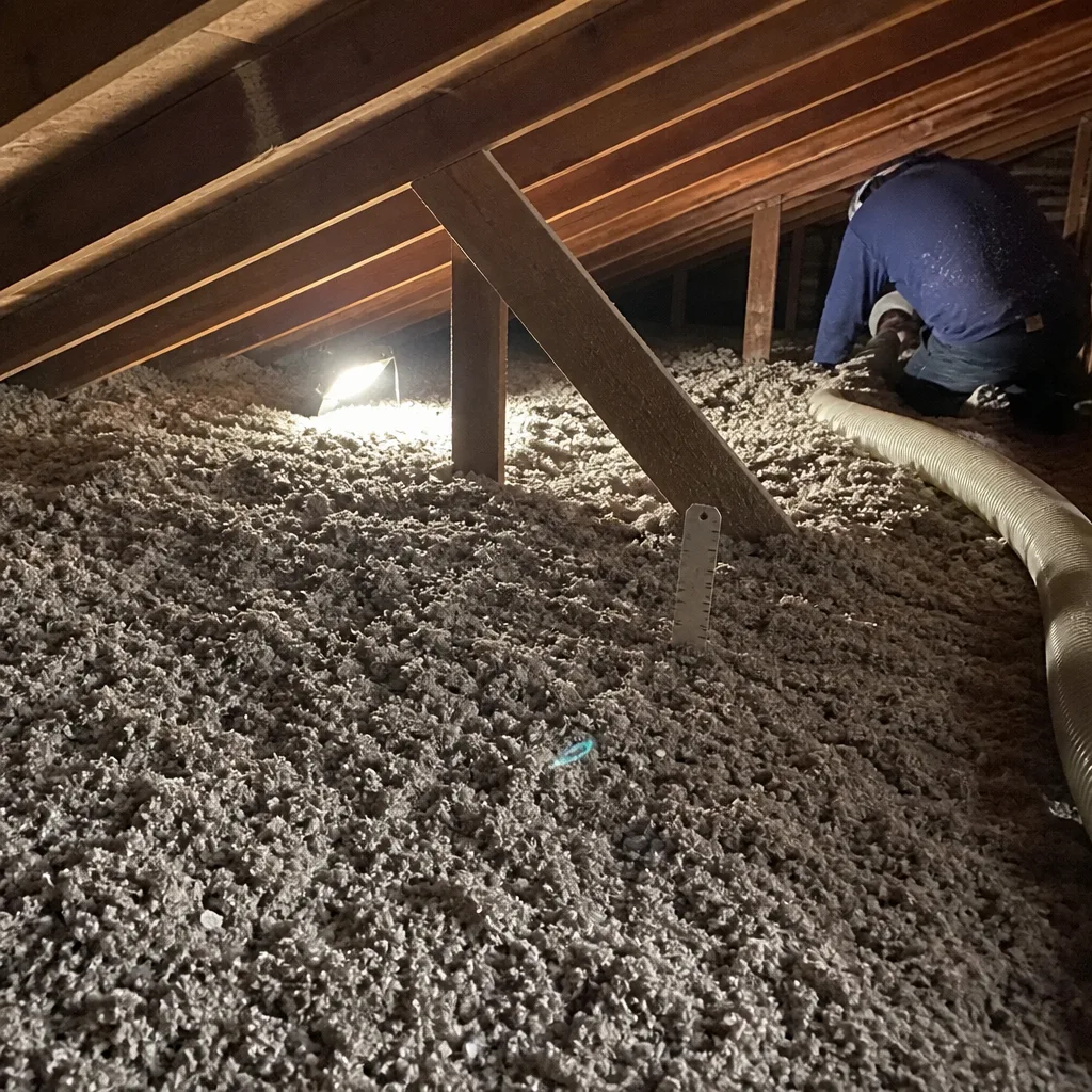 Technician installing blown-in attic insulation using a specialized blower hose.