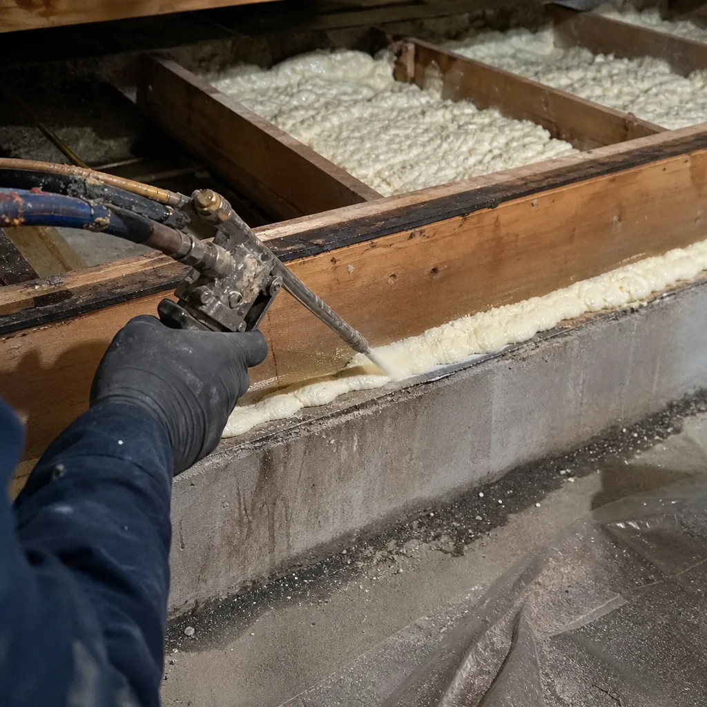 Contractor applying spray foam insulation to wooden rafters