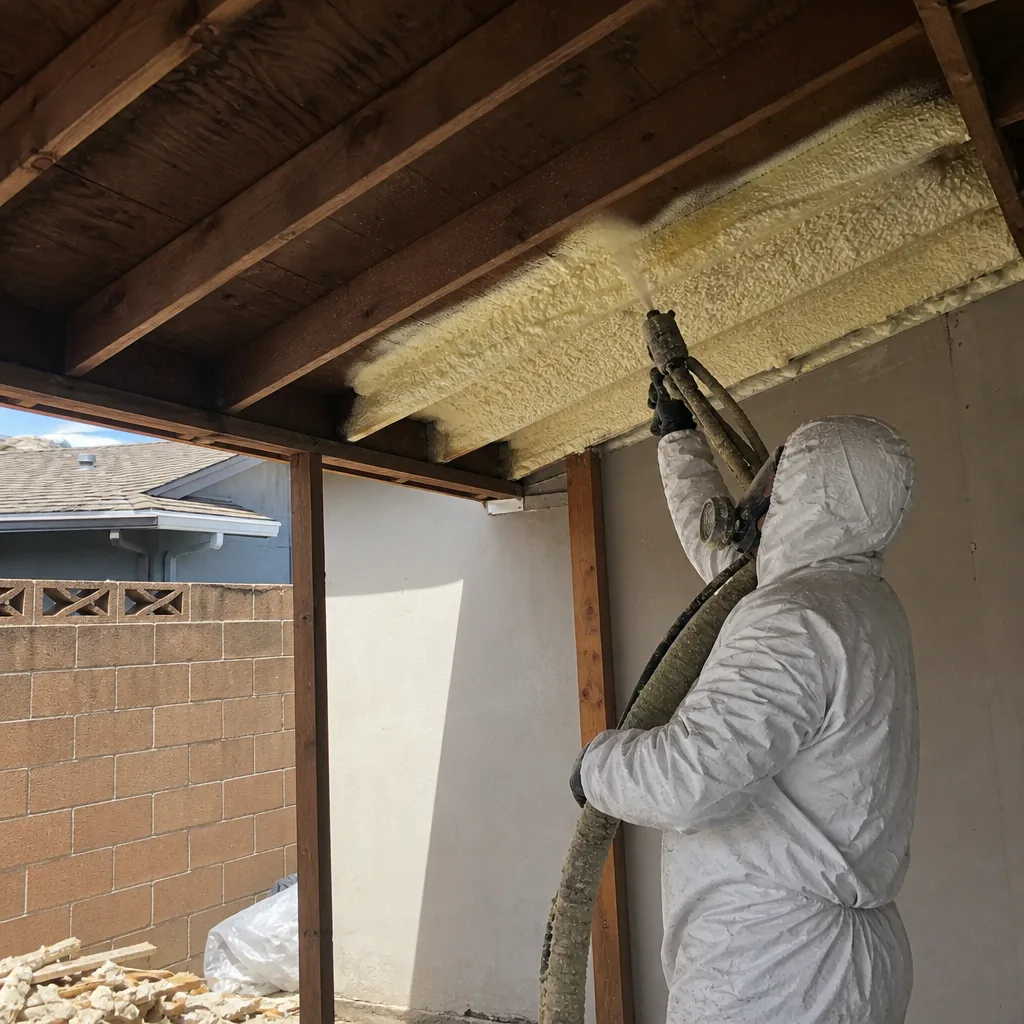 Contractor preparing spray foam insulation equipment for residential project