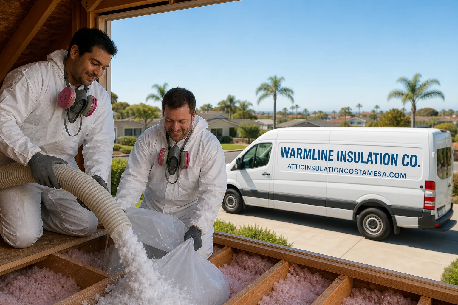 Warmline Insulation Co. insulation service vehicle and crew in Costa Mesa, CA